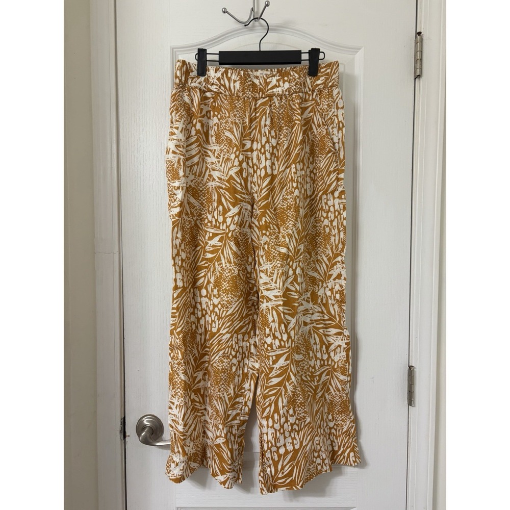 Christian Siriano 100% Linen Mustard Wide Leg Palazzo Pants Sz L Floral Boho - Picture 2 of 5